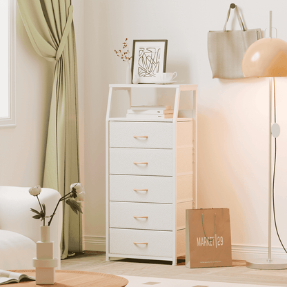 Satifur 5-Drawer Nightstand,Tall Fabric Dresser Storage End Table,for All Age,Metal Frame,White