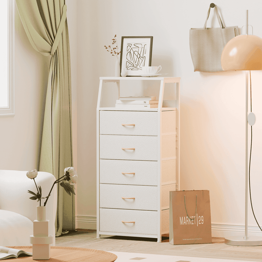 Satifur 5-Drawer Nightstand,Tall Fabric Dresser Storage End Table,for All Age,Metal Frame,White
