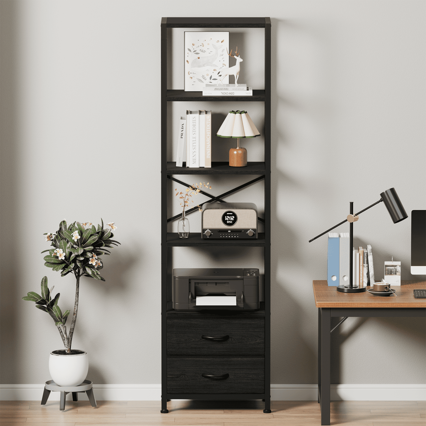 Satifur 5-Tier Bookshelf and Bookcase with 2 Removable Drawers, Narrow Display Shelf for Living Room, Black Oak