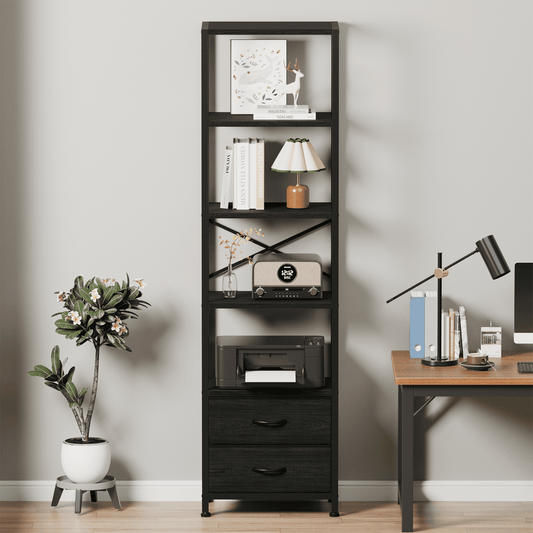 Satifur 5-Tier Bookshelf and Bookcase with 2 Removable Drawers, Narrow Display Shelf for Living Room, Black Oak