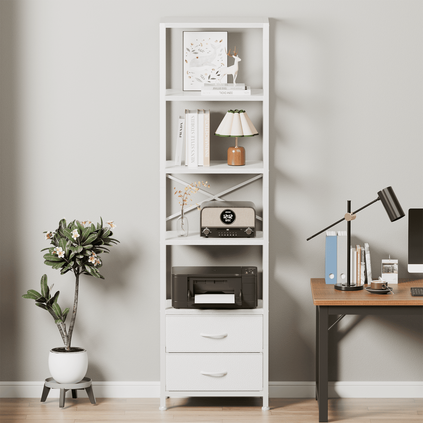 Satifur 5-Tier Bookshelf and Bookcase with 2 Removable Drawers, Narrow Display Shelf for Living Room, White