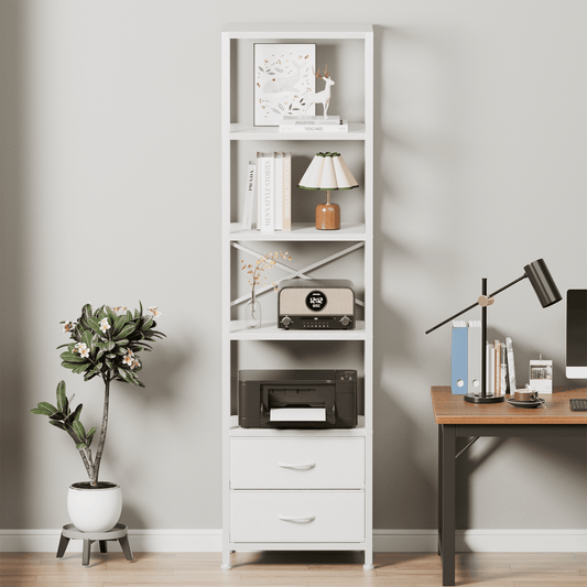 Satifur 5-Tier Bookshelf and Bookcase with 2 Removable Drawers, Narrow Display Shelf for Living Room, White