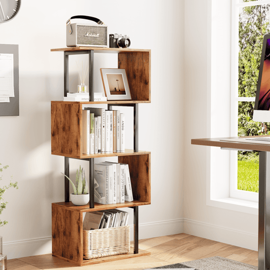 Satifur 4-Tier S-Shaped Geometric Bookcase, Industrial Freestanding Storage Shelving Unit,Rustic Brown