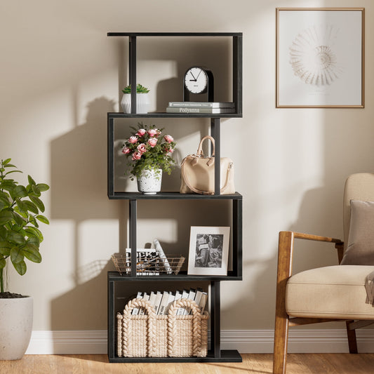 Satifur 4-Tier S-Shaped Geometric Bookcase, Industrial Freestanding Storage Shelving Unit