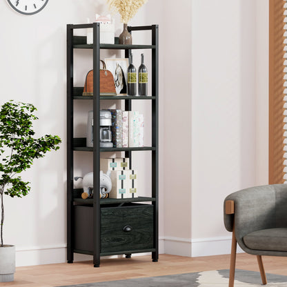 Satifur 5 Tier Ladder Bookcase with Removable Drawer Tall Standing Bookshelf,Black Oak
