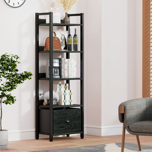 Satifur 5 Tier Ladder Bookcase with Removable Drawer Tall Standing Bookshelf,Black Oak