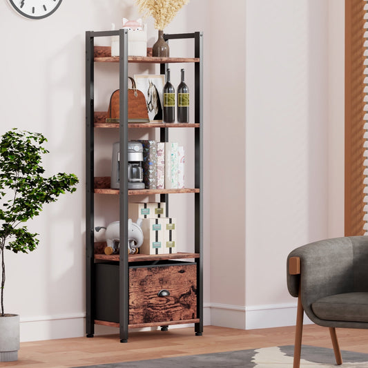 Satifur 5 Tier Ladder Bookcase with Removable Drawer Tall Standing Bookshelf,Rustic Brown