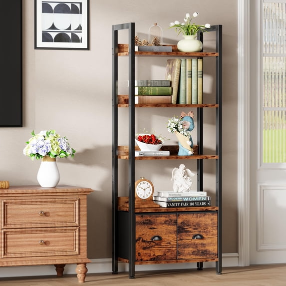 Satifur 5 Tier Rustic Brown Industrial Bookcase, Tall Storage Organizer with Detachable Drawers, Waterproof & Easy Clean Shelving for Bedroom, Kitchen, Entryway