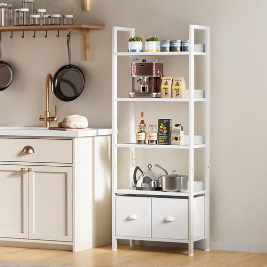 Satifur 5 Tier White Modern Bookshelf, Space-Saving Storage Rack with 2 Removable Drawers, Sturdy Structure for Bathroom, Home Office