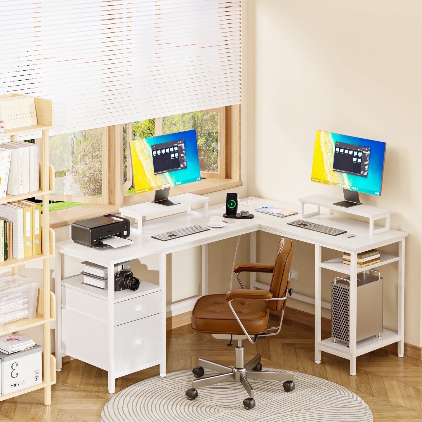 Satifur L-Shaped Desk, Corner Computer Desk with Power Outlet,Reversible Gaming Desk for Home Office,White
