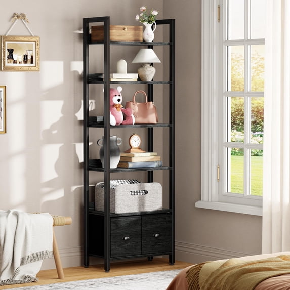 Satifur 6 Tier Black Industrial Bookshelf, Tall Storage Shelving Unit with 2 Detachable Drawers, Anti-Tip & Waterproof Boards for Living Room, Bedroom