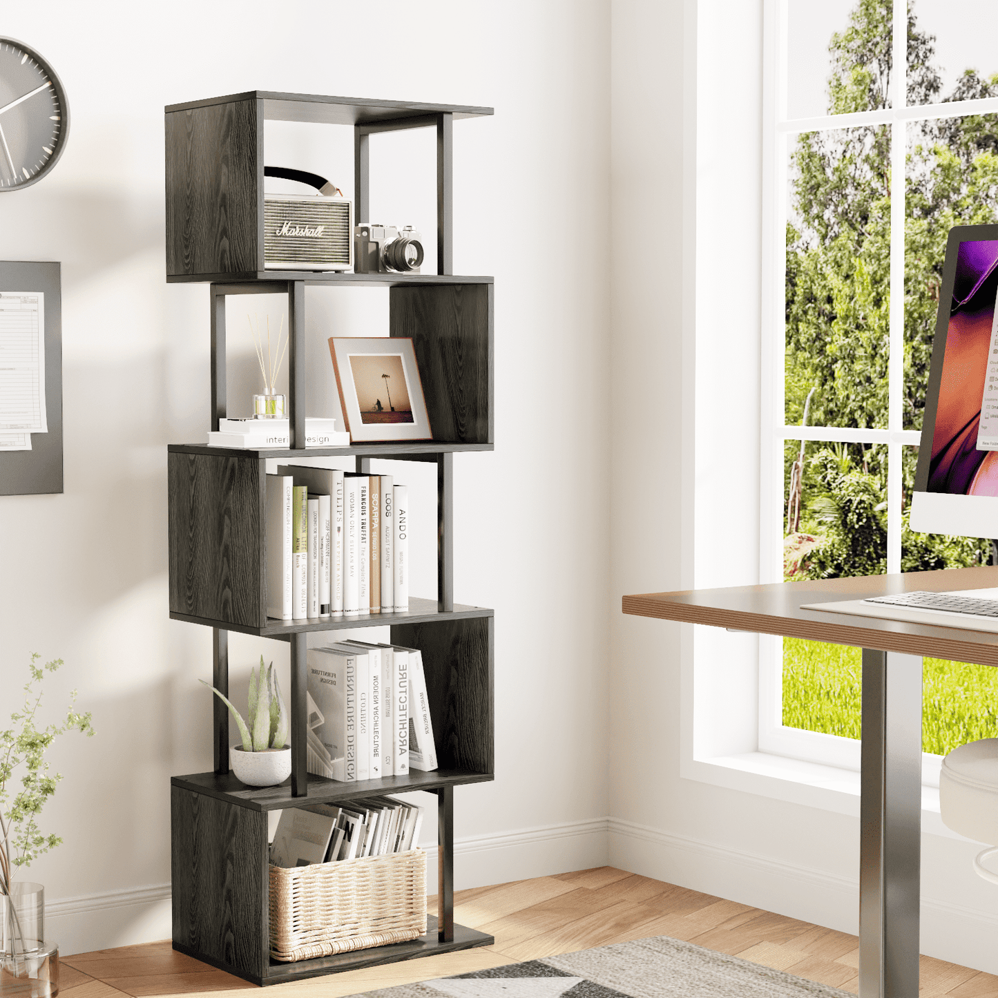 Satifur 5-Tier S-Shaped Geometric Bookcase, Industrial Freestanding Storage Shelving Unit,Black