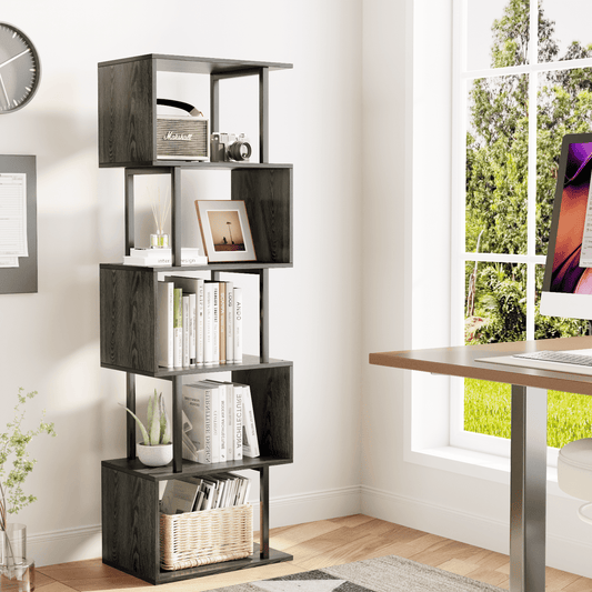 Satifur 5-Tier S-Shaped Geometric Bookcase, Industrial Freestanding Storage Shelving Unit,Black