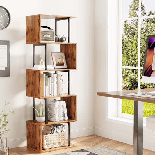 Satifur 5-Tier S-Shaped Geometric Bookcase, Industrial Freestanding Storage Shelving Unit,Rustic Brown