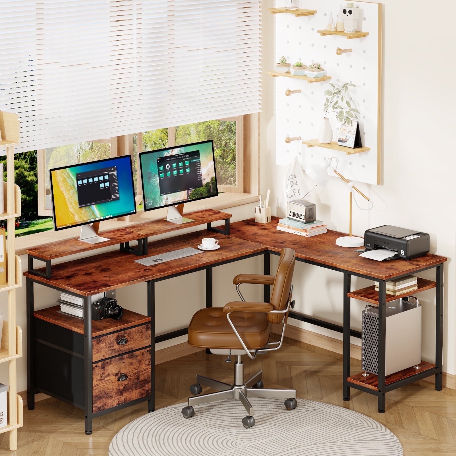 Rustic Spanned Desktop For Computer Satifur Computer Desk L-Shaped, Reversible Gaming Desk, Rustic Brown ...