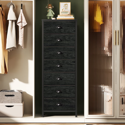 Satifur 7-Drawer Tall Dresser Bedside Fabric Nightstand Closet Organizer Unit with Storage,Black Oak