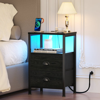 Satifur Bedside Table with Charging Station,LED Nightstand with 2 Fabric Drawers,Black Oak