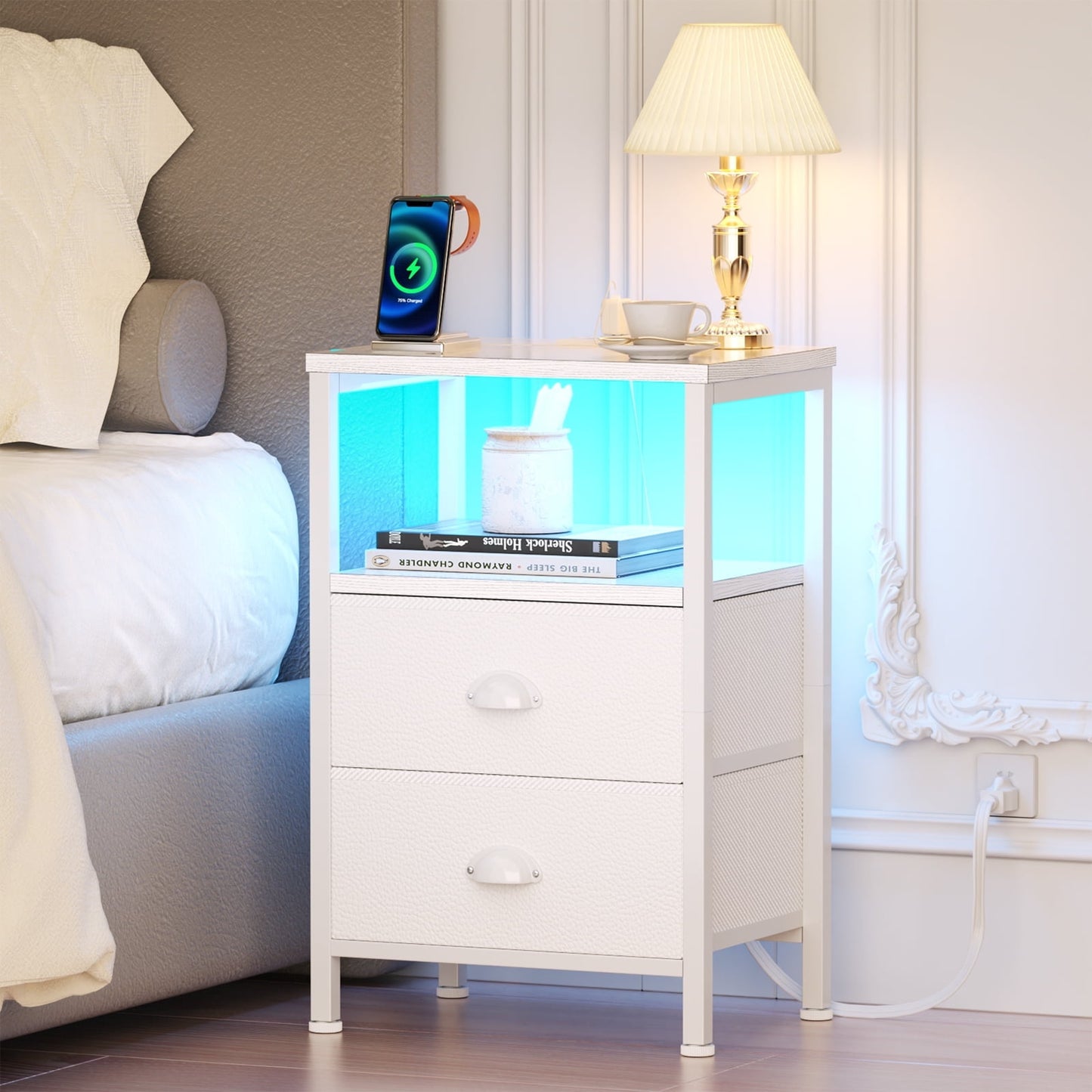 Satifur Bedside Table with Charging Station,LED Nightstand with 2 Fabric Drawers,White