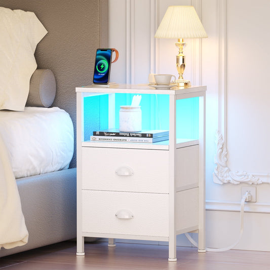 Satifur Bedside Table with Charging Station,LED Nightstand with 2 Fabric Drawers,White
