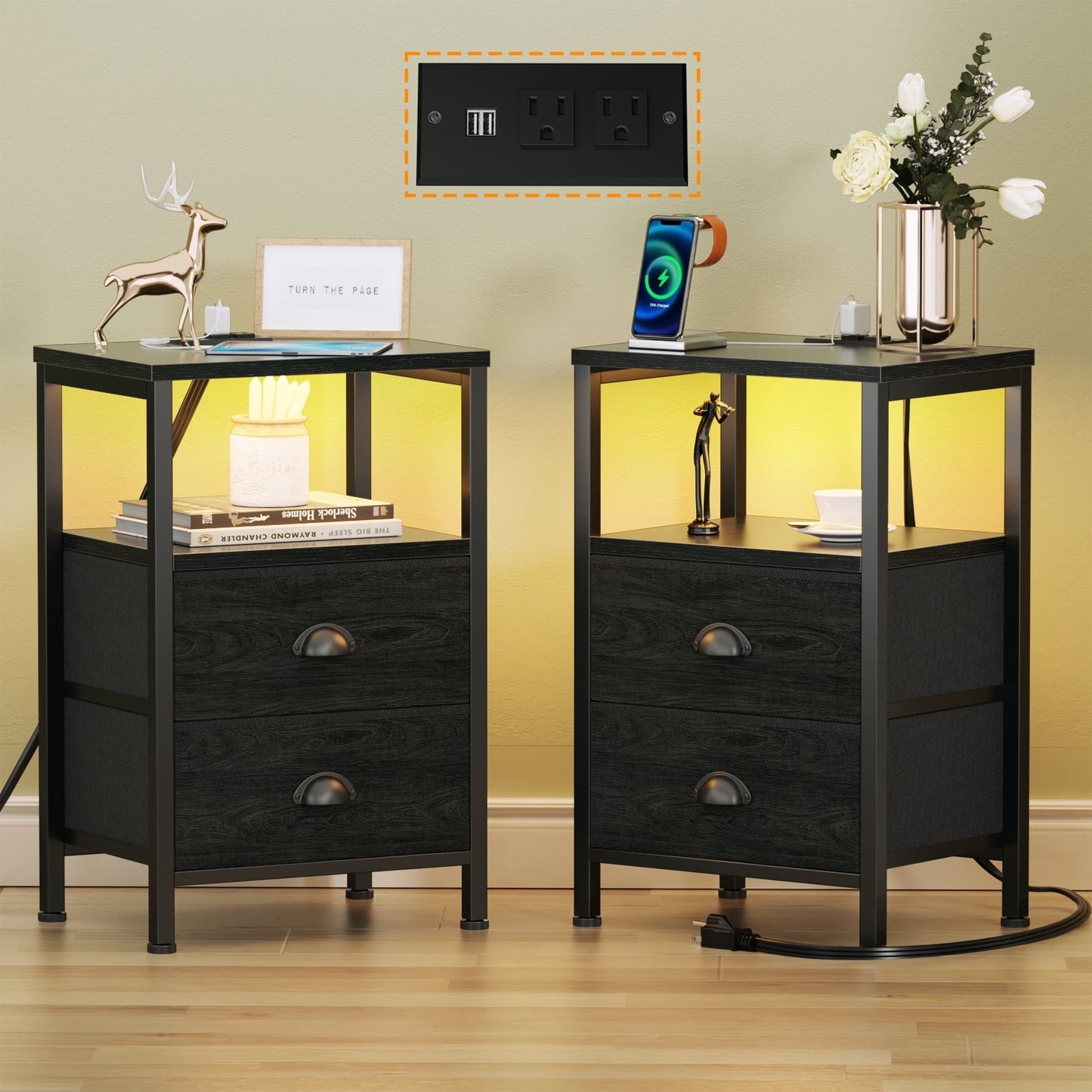 Satifur Bedside Table with Charging Station,Set of 2 LED Nightstand with 2 Fabric Drawers,Black Oak