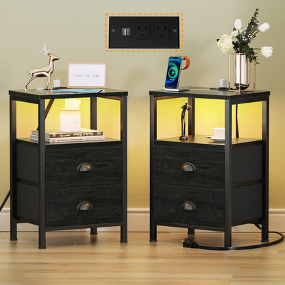 Satifur Bedside Table with Charging Station,Set of 2 LED Nightstand with 2 Fabric Drawers,Black Oak