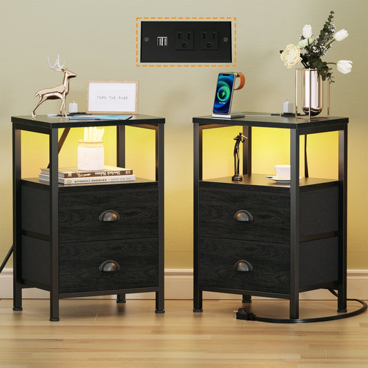 Satifur Bedside Table with Charging Station,Set of 2 LED Nightstand with 2 Fabric Drawers,Black Oak