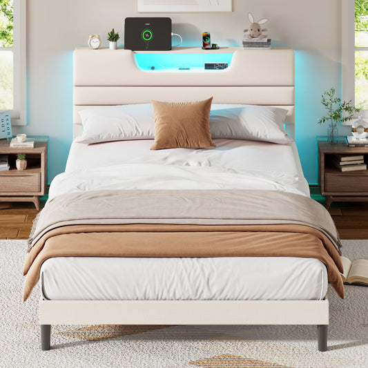 Satifur Beige Fine Linen Fabric Bed Frame with Upholstered Headboard & Charge Station, Queen Size Bed Frame with LED Lights, No Box Spring Needed