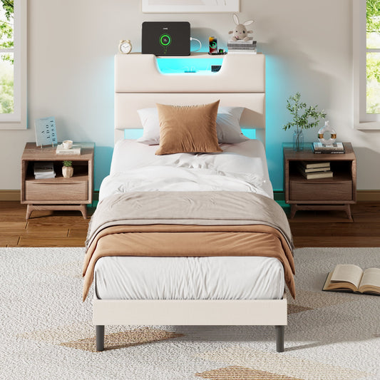 Satifur Beige Fine Linen Fabric Bed Frame with Upholstered Headboard & Charge Station, Twin Size Bed Frame with LED Lights, No Box Spring Needed