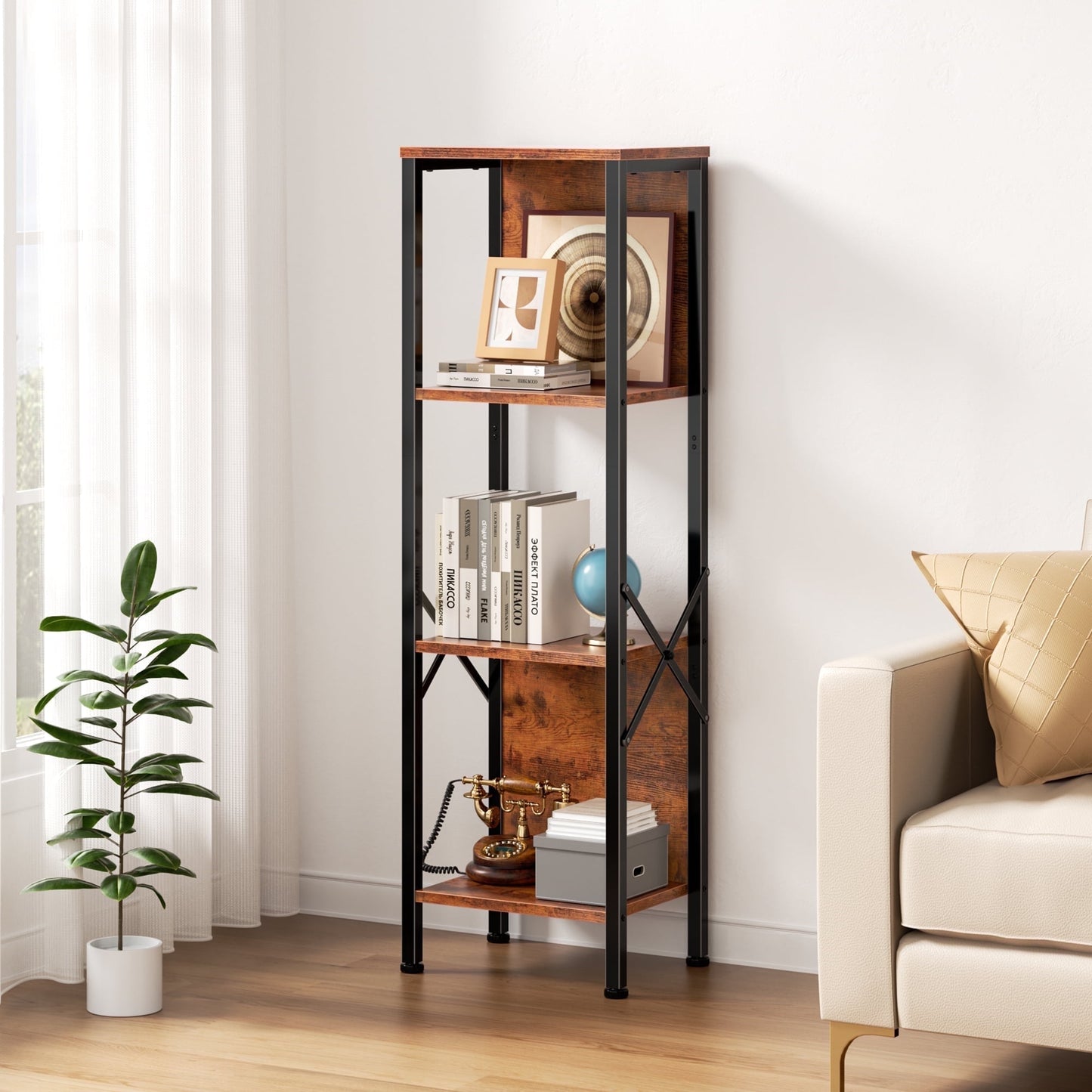 Satifur Bookshelf with 2 Large Backboards, Narrow Bookcase for Space Saving, Industrial Bookshelf with 4 Shelves for Office, Bathroom, Bedroom,Rustic Finish