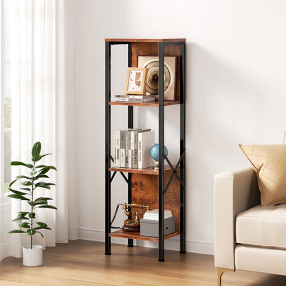 Satifur Bookshelf with 2 Large Backboards, Narrow Bookcase for Space Saving, Industrial Bookshelf with 4 Shelves for Office, Bathroom, Bedroom,Rustic Finish