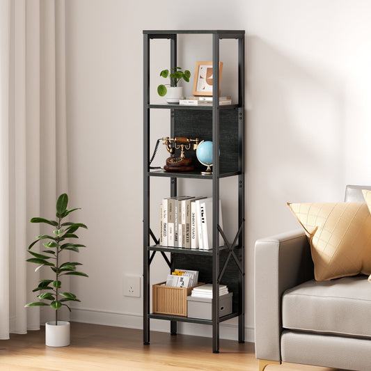 Satifur Bookshelf with 2 Large Backboards, Narrow Bookcase for Space Saving, Industrial Bookshelf with 5 Shelves for Office,Bathroom,Bedroom,Black Oak Finish