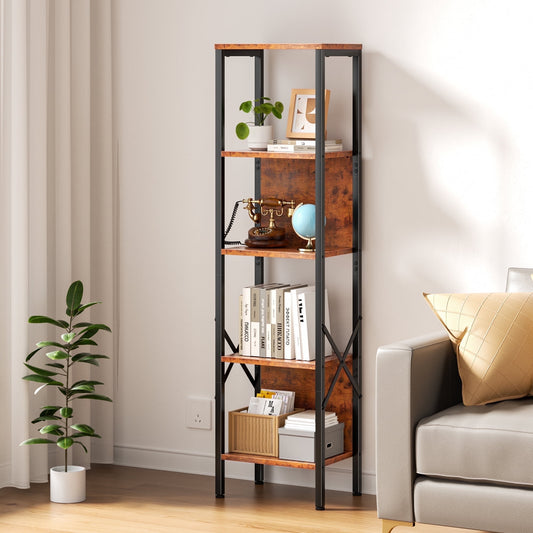 Satifur Bookshelf with 2 Large Backboards, Narrow Bookcase for Space Saving, Industrial Bookshelf with 5 Shelves for Office,Bathroom,Bedroom,Rustic Finish