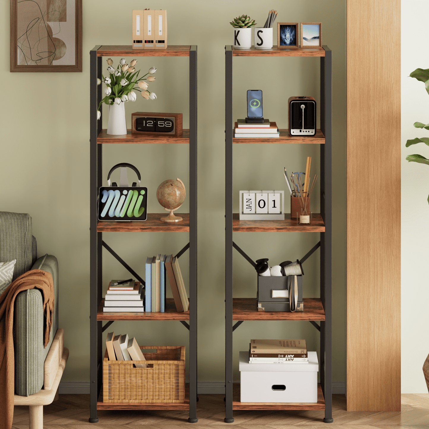 Satifur Bookshelf Bookcase Organizer with 5 Shelves for Living Room Bedroom Kitchen Garage,Rustic Brown