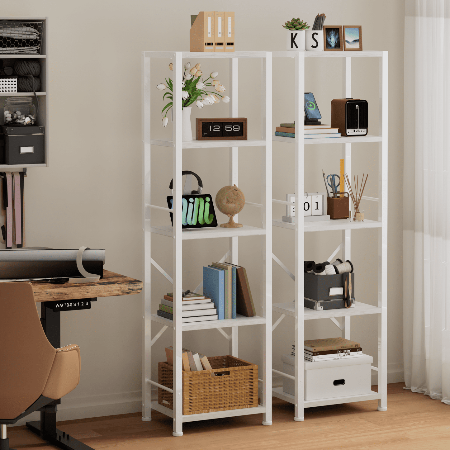 Satifur Bookshelf Bookcase Organizer with 5 Shelves for Living Room Bedroom Kitchen Garage, White