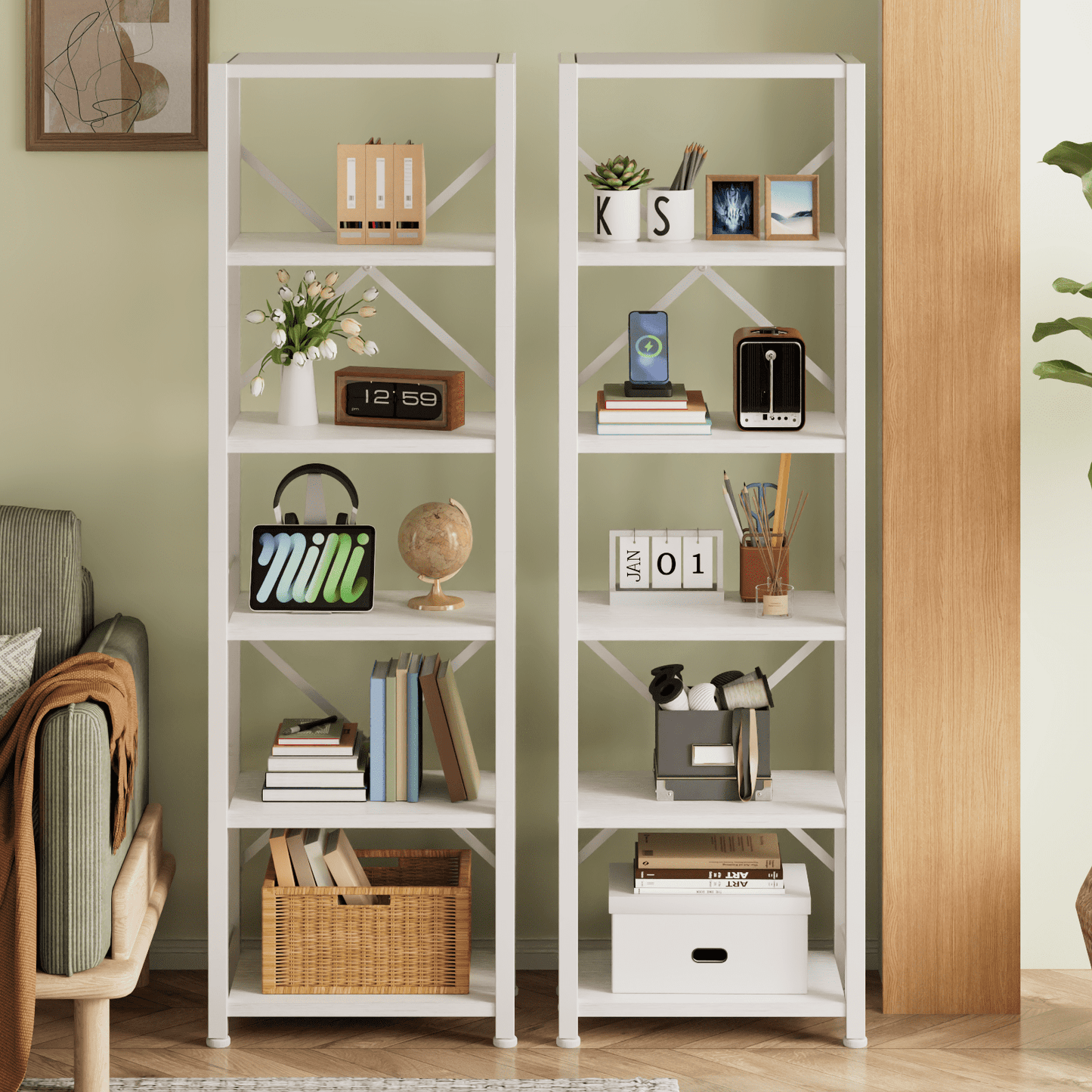 Satifur Bookshelf Bookcase Organizer with 6 Shelves for Living Room Bedroom Kitchen Garage, White