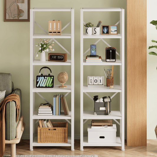 Satifur Bookshelf Bookcase Organizer with 6 Shelves for Living Room Bedroom Kitchen Garage, White