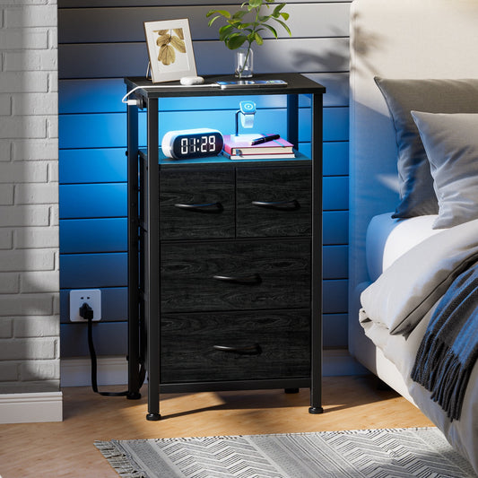 Satifur Chest of Drawers with Charging Station,LED Nightstand with 4 Fabric Storage Drawers, Black Oak