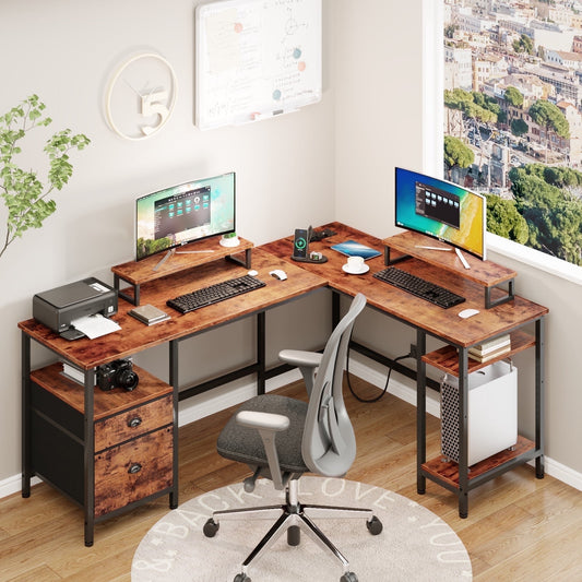 Satifur Computer Desk L-Shaped, Corner Desk with Power Outlet, Reversible Gaming Desk, Rustic Brown