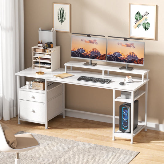 Satifur Computer Desk with Drawers & Monitor Stand, Office Desk for Dual Monitors, Adjustable Shelves, White