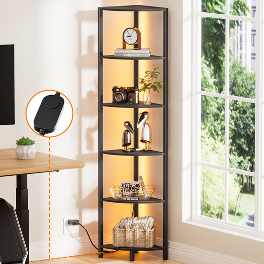 Satifur Corner Shelf Bookcase with LED Light Strip, 6-Tier Corner Bookshelf for Living Room, Bedroom