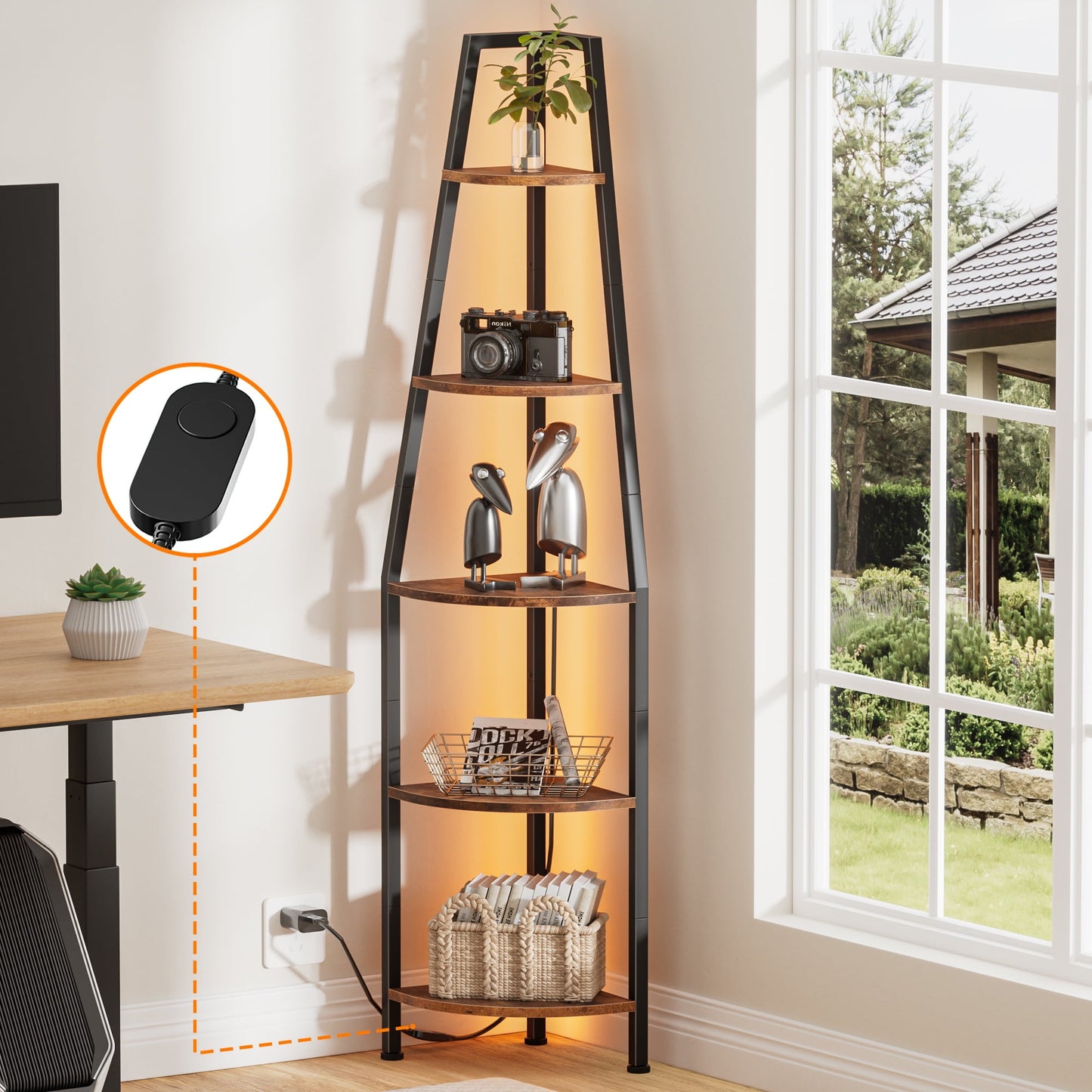 Satifur Corner Shelf Space Saving Freestanding Bookcase with LED Light Strip, Corner Bookshelg for Living Room Bedroom, Rustic Brown