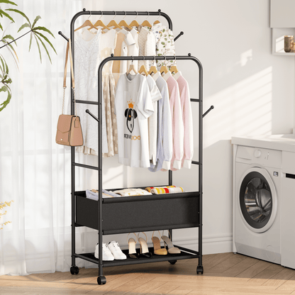 Satifur Double Rail Clothes Rack on Wheels, Heavy Duty Clothes Hanging Rack, Free Standing Garment Rack with Clothes Storage Bag, Black