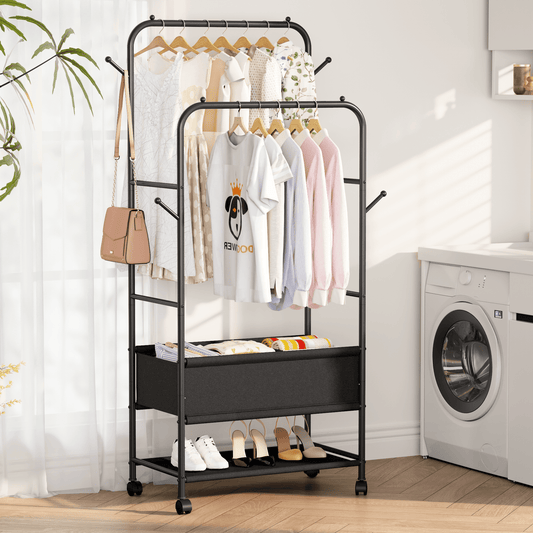 Satifur Double Rail Clothes Rack on Wheels, Heavy Duty Clothes Hanging Rack, Free Standing Garment Rack with Clothes Storage Bag, Black