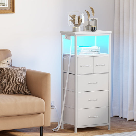 Satifur LED Dresser for Bedroom with Charging Station, 5 Fabric Drawers Tall Nightstand Open Shelf, White
