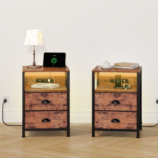 Satifur Night Stand Set of 2 with Charging Station,LED Nightstand with Fabric Drawers Bed Side Table,Rustic Brown