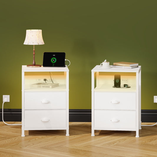 Satifur Night Stand Set of 2 with Charging Station,LED Nightstand with Fabric Drawers Bed Side Table,White