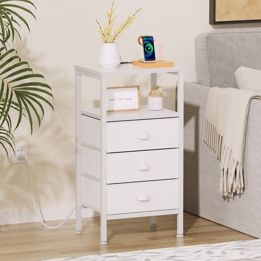 Satifur Nightstand with Charging Station Bedside Table with Fabric Storage Drawers, White