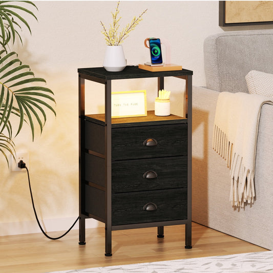 Satifur Night Stand with Charging Station,LED Nightstand with USB Ports and Outlets,Fabric Drawers Bed Side Table,Black Oak