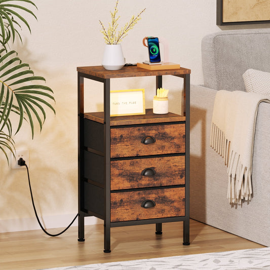 Satifur Night Stand with Charging Station,LED Nightstand with USB Ports and Outlets,Fabric Drawers Bed Side Table,Rustic Brown