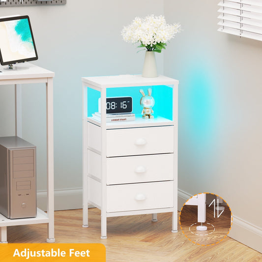 Satifur Night Stand with Charging Station,LED Nightstand with USB Ports and Outlets,Fabric Drawers Bed Side Table,White